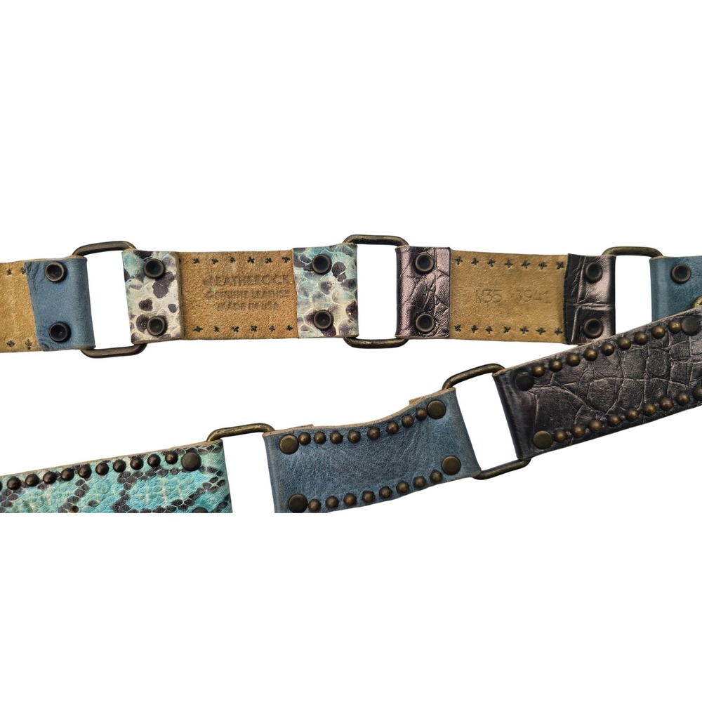 Leatherock USA Mixed Leather Studded Link Belt Blue Teal Bronze Boho M35 3941 - Picture 3 of 7